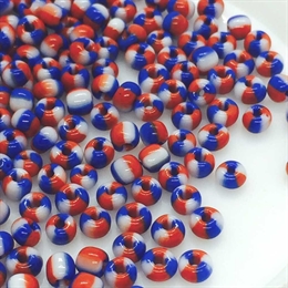 Seed beads, 8/0, blå/rød/hvid stribet, 10 gram
